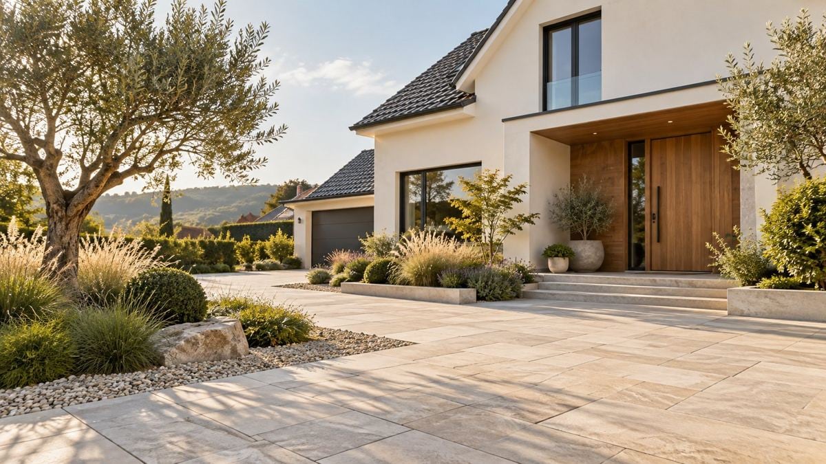 Illustration eines Hauses mit bepflanztem Garten und gepflasterter Terrasse