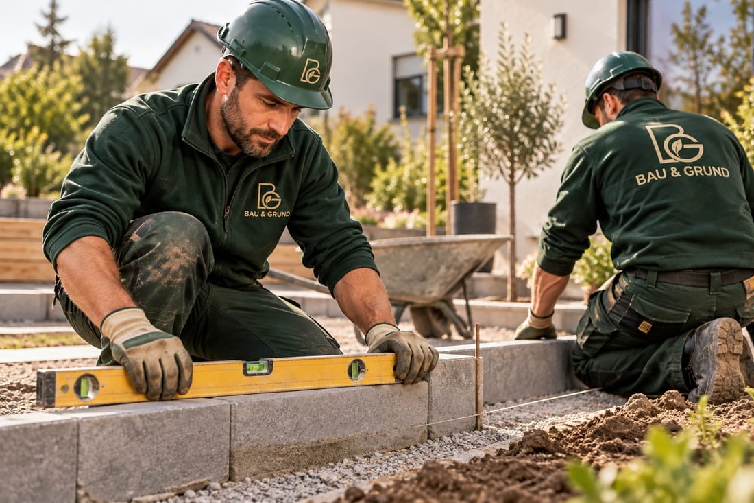 KI-Beispielmotiv: Bau, Personen bei der Arbeit in Arbeitskleidung mit BAU & GRUND Süd Logo