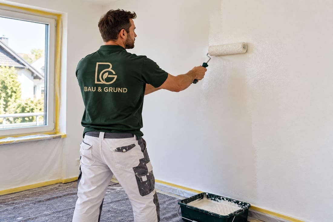 KI-Beispielmotiv: Sanierung, Personen bei der Arbeit in Arbeitskleidung mit BAU & GRUND Süd Logo