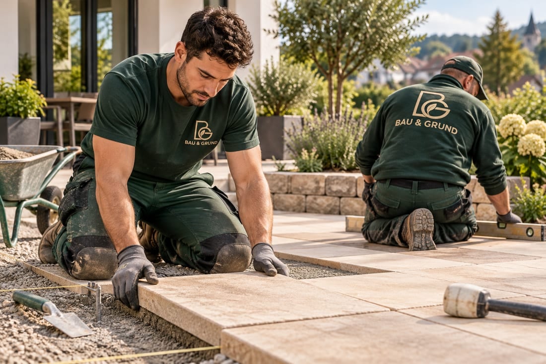 KI-Beispielmotiv: Gartenbau & Außenanlagen, Personen bei der Arbeit in Arbeitskleidung mit BAU & GRUND Süd Logo