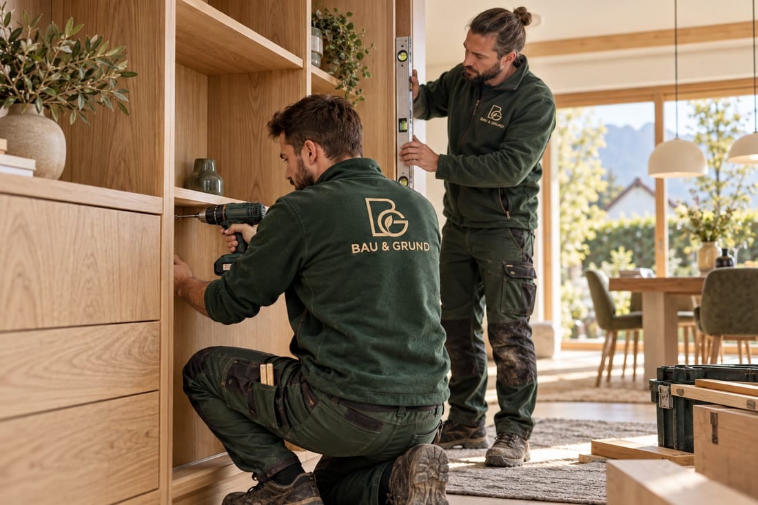 KI-Beispielmotiv: Montage & Innenausbau, Personen bei der Arbeit in Arbeitskleidung mit BAU & GRUND Süd Logo