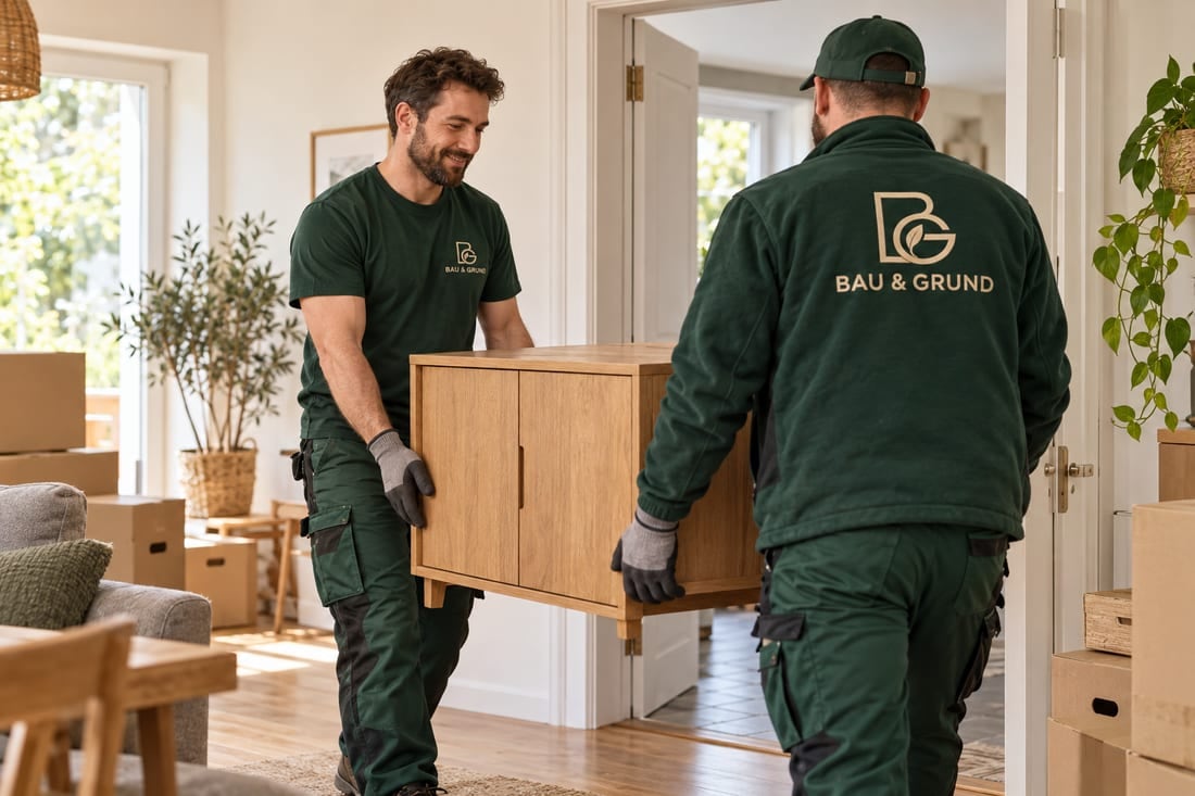 KI-Beispielmotiv: Entrümpelung, Personen bei der Arbeit in Arbeitskleidung mit BAU & GRUND Süd Logo