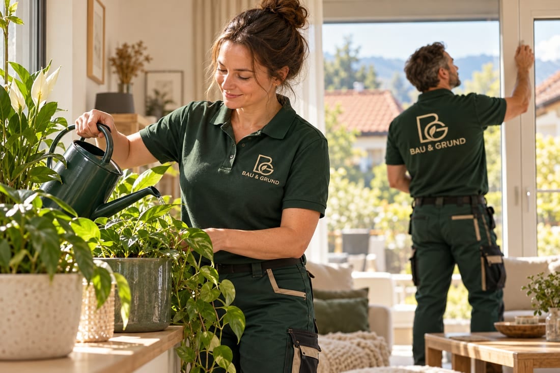 KI-Beispielmotiv: Haus- & Urlaubsbetreuung, Personen bei der Arbeit in Arbeitskleidung mit BAU & GRUND Süd Logo